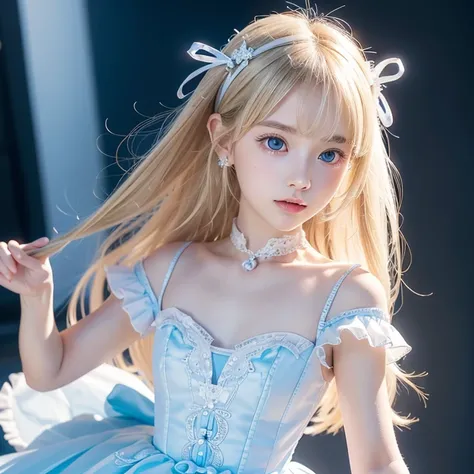 ( super detailed), Cute princess dress in white color,( frill dress),(Short sleeve),Extremely bright light blue big eyes in an incredibly bright baby blue, upper body、 close-up、face、( facing the front :1.2), 20 years old,  teenage girl,No tail,(No tail),2D...