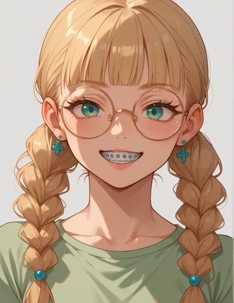 A Nerdy Girl with Chiquinha Maria, round glasses and braces, blonde