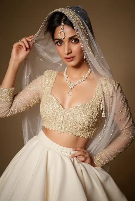 (masterpiece, best quality:1.2), She is draped in a soft ivory lehenga with delicate gold embroidery, giving her an ethereal, moonlit glow. Her champagne-gold sheer veil barely grazes her bare stomach, fully exposing her deep navel and slim waistline. A pe...