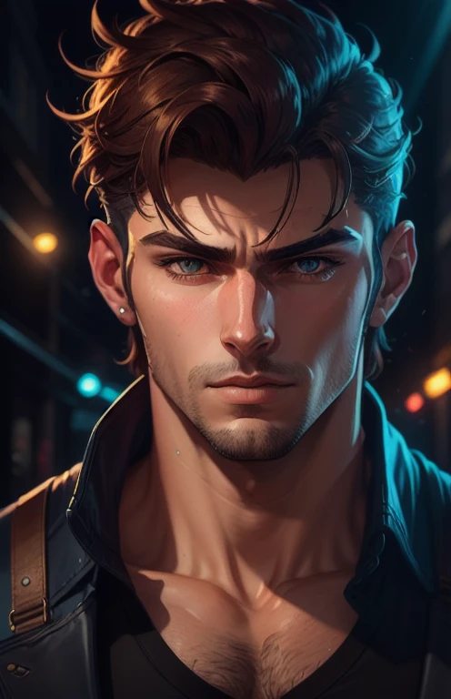 Ultra-detailed anime-style illustration of a handsome man, cinematic lighting, sharp shadows, high contrast, smooth skin, detailed clothing, semi-realistic, dark theme, masterpiece, 8K UHD