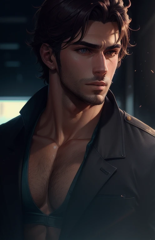 Ultra-detailed anime-style illustration of a handsome man, cinematic lighting, sharp shadows, high contrast, smooth skin, detailed clothing, semi-realistic, dark theme, masterpiece, 8K UHD