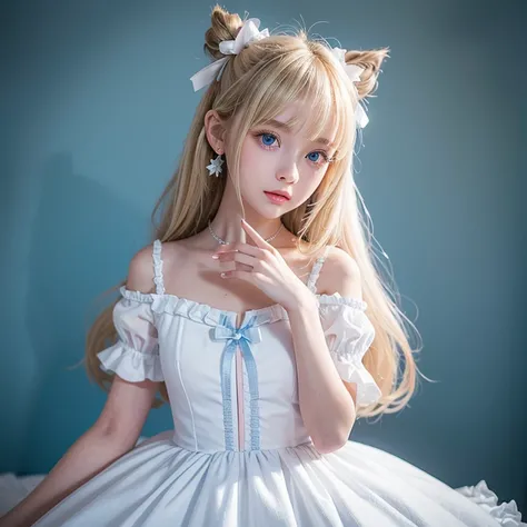 ( super detailed), Cute princess dress in white color,( frill dress),(Short sleeve),Extremely bright light blue big eyes in an incredibly bright baby blue, upper body、 close-up、face、( facing the front :1.2), 20 years old,  age girl,No tail,(No tail),2D,  M...