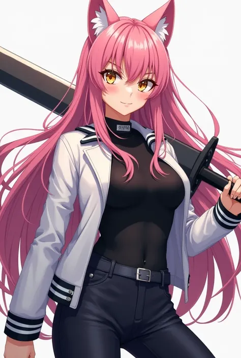 ( superior quality,  official art ,  full body,  Beautiful and aesthetic:1.2)  a werewolf girl anime,  Clear skin,  pink hair,  golden eyes, white jacket,  black t-shirt,  black pants, serious and cold expression, brandishing a heavy sword .
