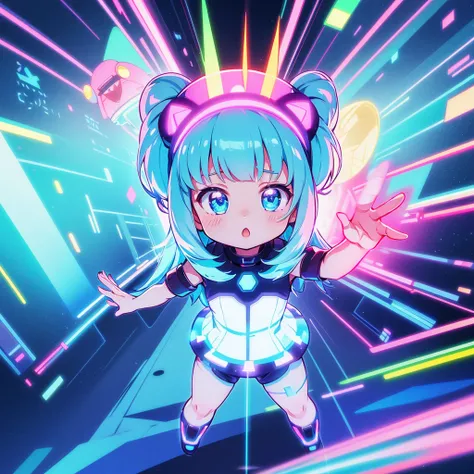 loli, cute creatures,  chibi, cel anime, holography, movie poster art, thick outline, neon light effect, silver and azure , --v 5.2、 geometric neon color background、