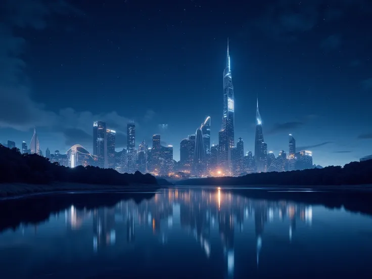  Future City　Fairly detailed　lake　city　blue　night