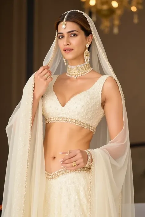 (masterpiece, best quality:1.2), She is draped in a soft ivory lehenga with delicate gold embroidery, giving her an ethereal, moonlit glow. Her champagne-gold sheer veil barely grazes her bare stomach, fully exposing her deep navel and slim waistline. A pe...