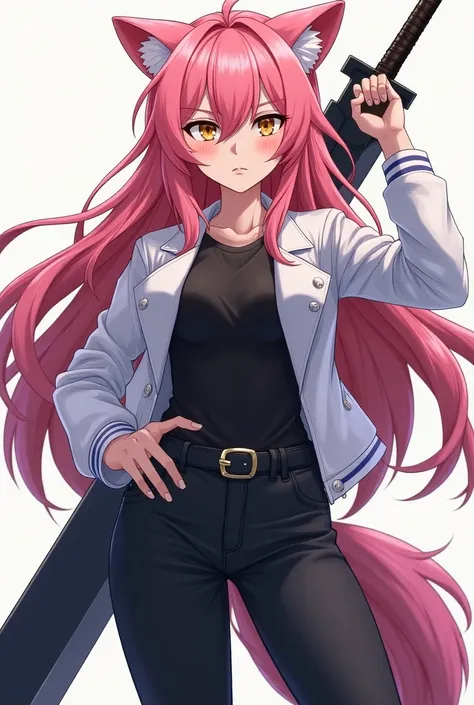 ( superior quality,  official art ,  full body,  Beautiful and aesthetic:1.2)  a werewolf girl anime,  Clear skin,  pink hair,  golden eyes, white jacket,  black t-shirt,  black pants, serious and cold expression, brandishing a heavy sword .
