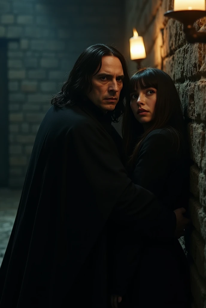 Severus Snape holding a girl with long hair and bangs on her forehead around her neck, pressing her against the wall and right next to her mouth