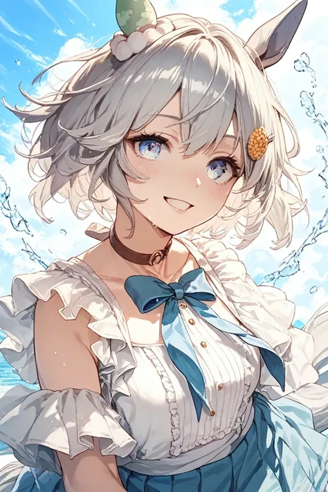 Seiun_Sky, horse ears, horse tail, short hair, white hair, bangs, hair ornament, hairclip, blue eyes