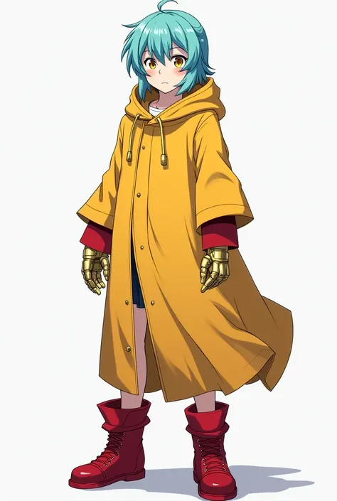 Accurate, Standing in his full height, Full Body Photo, 8K HD high quality image, Make an anime character art style, Sky blue coloured hair, yellow coloured robe with a hood, red boots, golden eyes, gold coloured mechanical hands. 