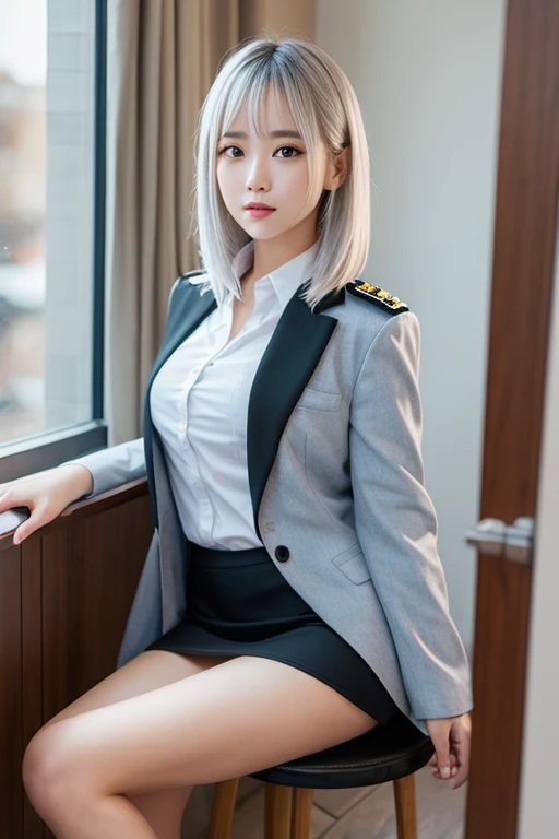 (Beautiful girl with silver hair )、(In uniform)、 black blazer 、 check miniskirt、 knee-high socks