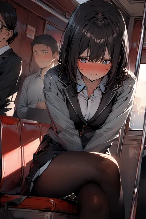 (masterpiece:1.2), high quality, high resolution, attention to detail, 4K, 8K, illustrative realism, dazzling sunlight, 1woman is sitting on a train seat, train have long horizontal seats along the walls, angle from a diagonal, (detailed beautiful face), (...