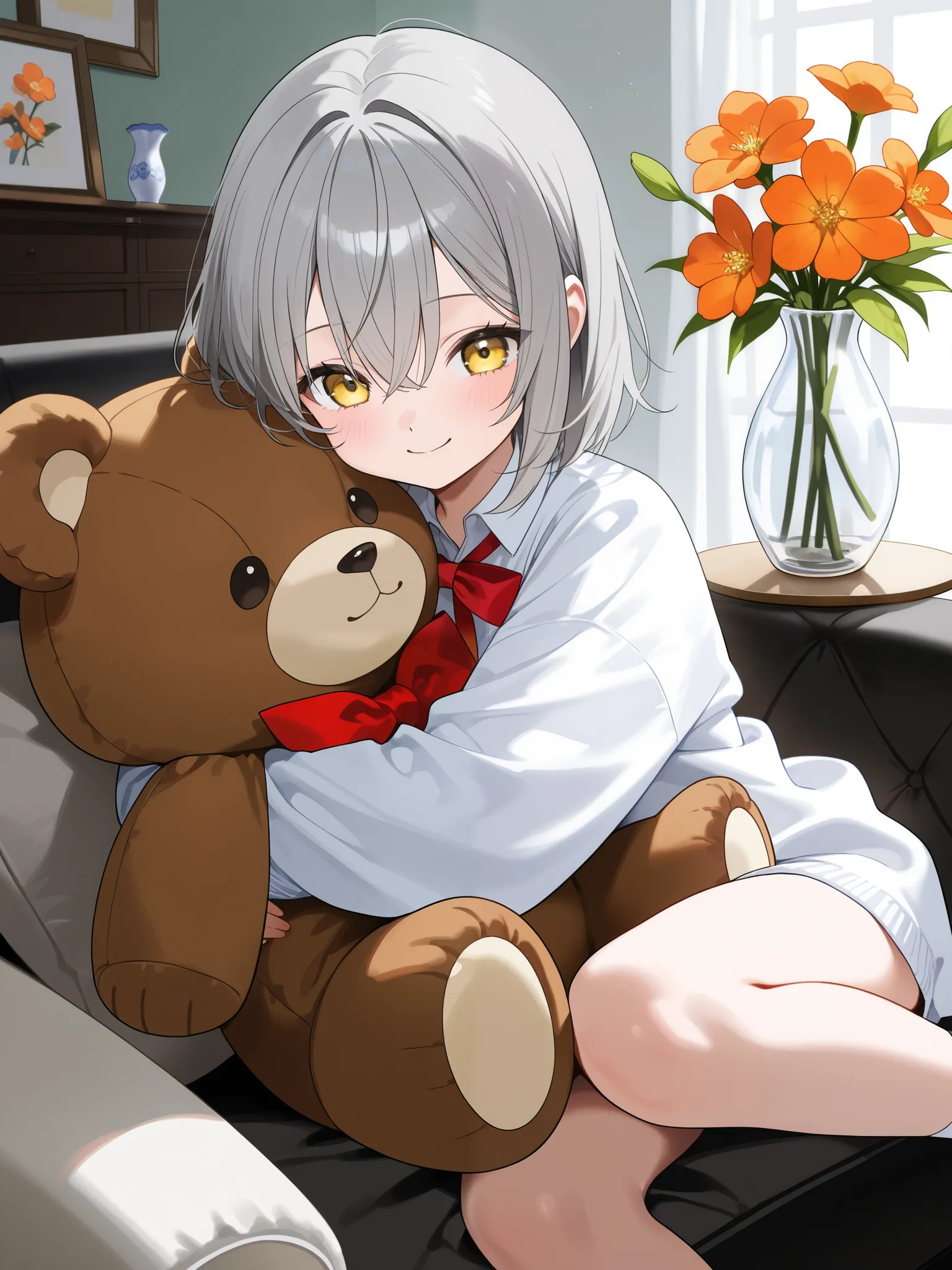  top quality、4K、 super detailed、 super real、Young girl、 s、Smile、smile、A girl is hugging a stuffed animal、white giant stuffed bear 、white soft-looking sofa 、In a glass vase３ orange flowers in a glass vase、 beautiful gray hair、 yellow eyes