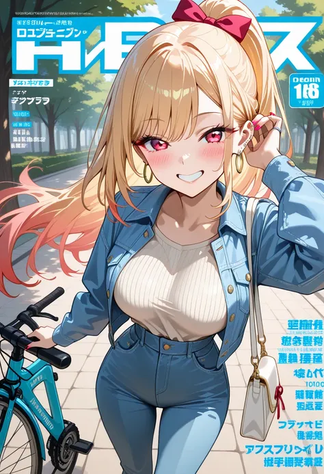 Marin Kitagawa, high ponytail with a side ribbon bow, with wind-blown strands dancing around her face, blonde hair, light pink ombre hair, red eyes, earrings, multiple ear piercings, small gold hoop earrings, fitted mint-green French-sleeve ribbed knit, st...