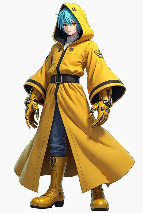 Accurate, Standing in his full height, Full Body Photo, 8K HD high quality image, Make an anime character art style, Sky blue coloured hair, yellow coloured robe with a hood, golden boots, golden eyes, gold coloured mechanical hands. The hood is put on the...