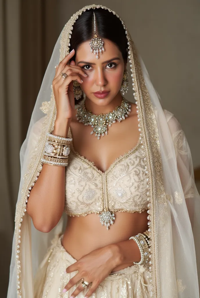 (masterpiece, best quality:1.2), She is draped in a soft ivory lehenga with delicate gold embroidery, giving her an ethereal, moonlit glow. Her champagne-gold sheer veil barely grazes her bare stomach, fully exposing her deep navel and slim waistline. A pe...