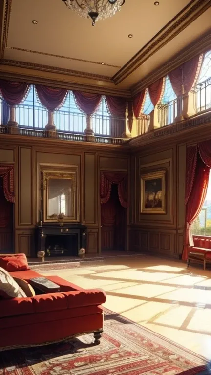 Large room in a Victorian mansion with furniture and huge windows and balcony.