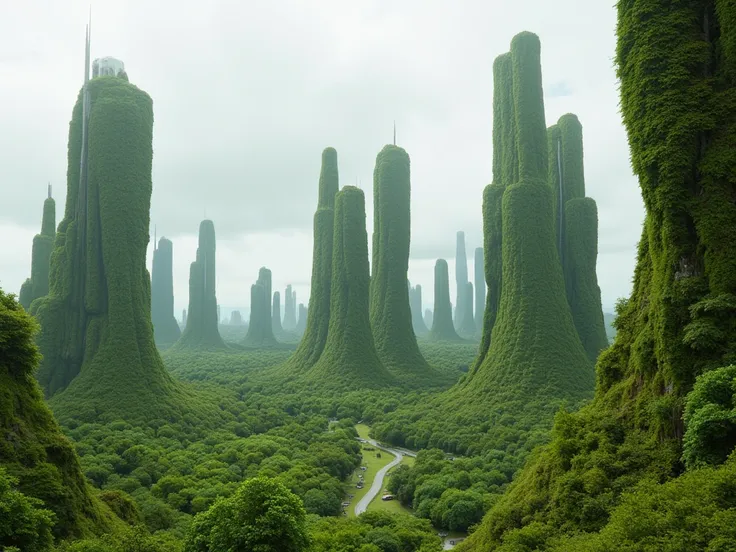  Future City　Fairly detailed　 buildings covered in moss are lined up　Wide々　