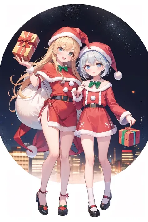 2 girls, full body, santa claus costume, santa shoes