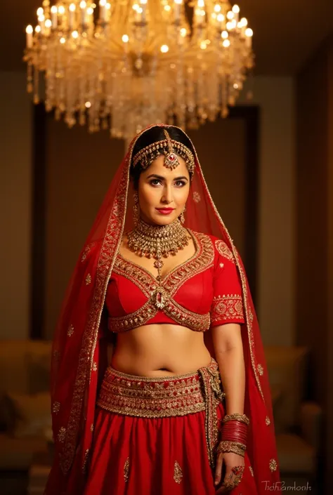 (masterpiece, best quality:1.2), She stands under a golden chandelier, her deep red lehenga embroidered with intricate gold motifs. Her sheer, golden veil barely covers her sculpted waist, leaving her deep, hourglass navel fully exposed. A multi-layered ma...