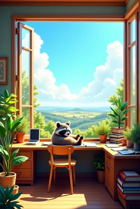 A cozy, sunlit study room filled with lush green plants, books, and a large wooden desk. The room features wide-open panoramic windows revealing a breathtaking nature view with a bright blue sky and fluffy white clouds. On the wooden desk, a fluffy raccoon...