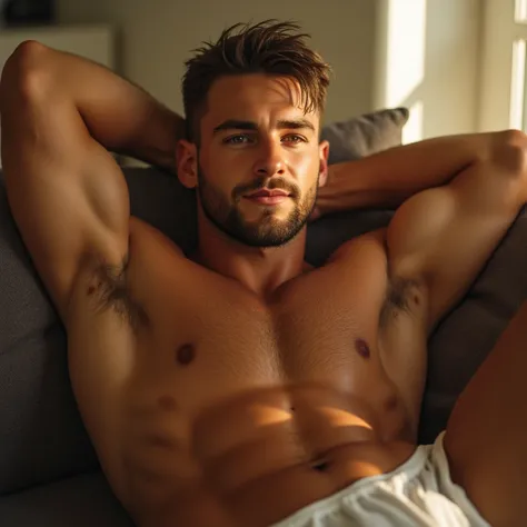 ttractive European Man, ericjanicki, Handsome, short brunette hair, 30 years old, realistic hairy body lying on the couch at home in white boxer, piernas fuertes y musculosas, gran detalle, real, iluminacion volumétric, big biceps, close up, wet hair , hai...