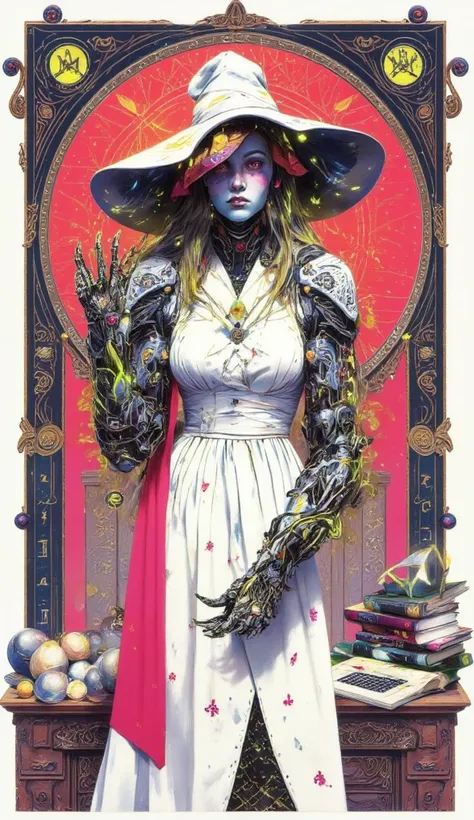 depicts a modern-day witch who has embraced the world of cybernetics to enhance her magical abilities. The artwork should convey the enchanting blend of traditional witchcraft and futuristic technology. Here are some specific elements to include: The Witch...