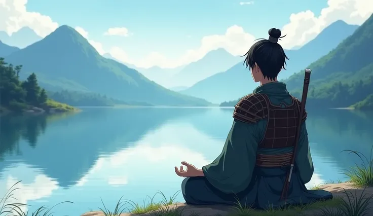 Kenji (a strong young man with dark hair tied in a topknot, wearing traditional armor) meditating peacefully by a serene lake reflecting the mountains, with a gentle breeze ruffling his robes. Style: Anime, tranquil and inspiring, calming colors.