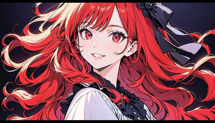 ((((ultra illustrated style:1.0)))),best quality, best animated, masterpiece, monochrome, flat color, black and red, 1girl, solo, grin, (red hair, wavy hair) and (red eyes), gothic lolita fashion, black background, front view, from front, close up, simple ...