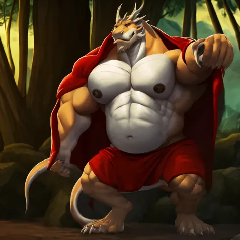 shendu,pride,soft shadow,majestic,Detailed face,HD Eyes,Sharp eyes,red eyes,eyes shining,Grandiose,brave,Confident smile,Strong,mature,loincloth,wilderness,ruins,Blue sky and white clouds,Sunlight, an eastern dragon king, a chinese dragon, he is a male dra...