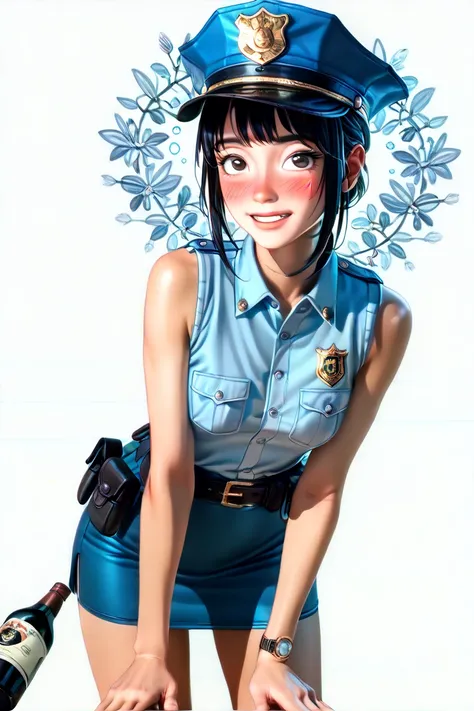  Japanese beautiful girl ,(It's 1 :2.0),( Watch Viewers :1.0),(sleeveless collared police shirt:1.1),( police officer micro mini skirt standing in a natural pose:1.1),( slender body:1.2),( drunk _ hiccups:1.6),real skin ,small breasts,  Shiny Black Hair, S...