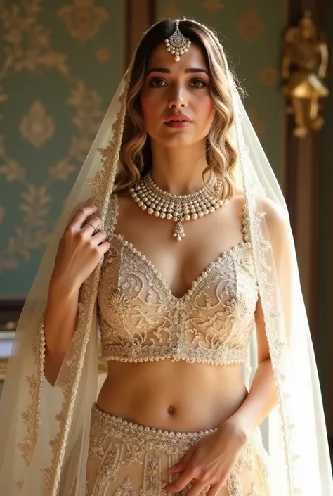 (masterpiece, best quality:1.2), She is draped in a soft ivory lehenga with delicate gold embroidery, giving her an ethereal, moonlit glow. Her champagne-gold sheer veil barely grazes her bare stomach, fully exposing her deep navel and slim waistline. A pe...