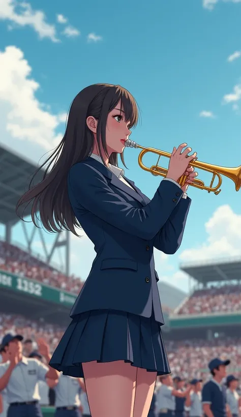 (  high image quality), (8k), ( Very detailed), (  top quality),, ( Masterpiece)、 from below,  high school girl playing trumpet on a baseball stadium stand、  mature 18-year-old Japanese 女子高生 、  brass band members standing in the audience at the baseball fi...