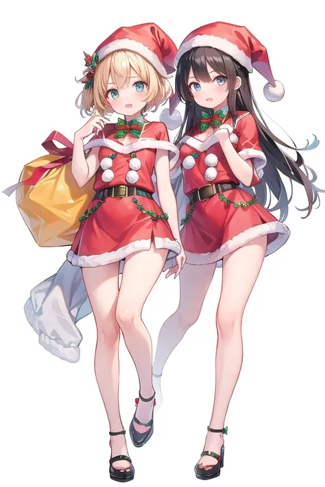 2 girls, full body, santa claus costume, santa shoes