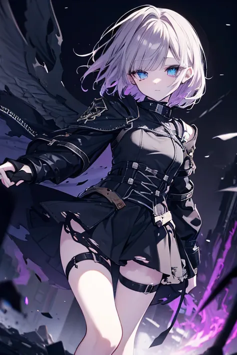 a borne and battle-worn magical girl, a cool girl in a miniskirt, detailed face and eyes, beautiful long eyelashes, intricate magical outfit, torn and damaged, tattered clothes, intense battle damage, magical energy flowing, moody dramatic lighting, cinema...