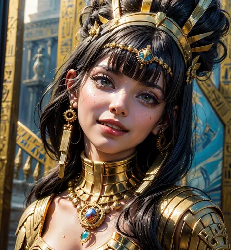 (masterpiece, top quality, best quality, official art, beautiful and aesthetic:1.2), (1girl), extreme detailed,(fractal art:1.3),colorful,highest detailed,beautiful Queen Cleopatra Egyptian woman, Beautiful black eyes、smiling Egyptian woman, (Glossy Egypti...