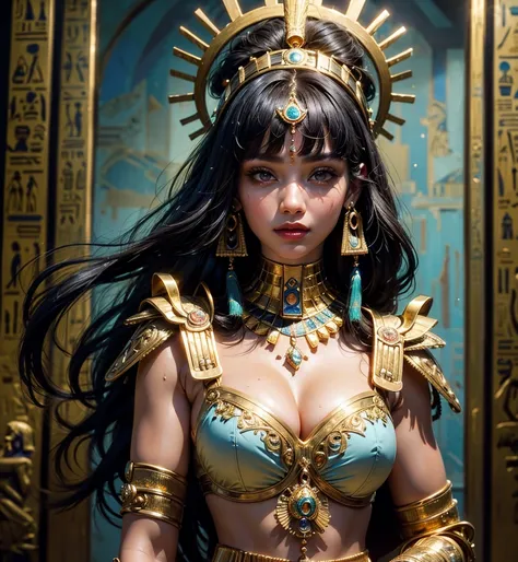 (masterpiece, top quality, best quality, official art, beautiful and aesthetic:1.2), (1girl), extreme detailed,(fractal art:1.3),colorful,highest detailed,beautiful Queen Cleopatra Egyptian woman, Beautiful black eyes、smiling Egyptian woman, (Glossy Egypti...