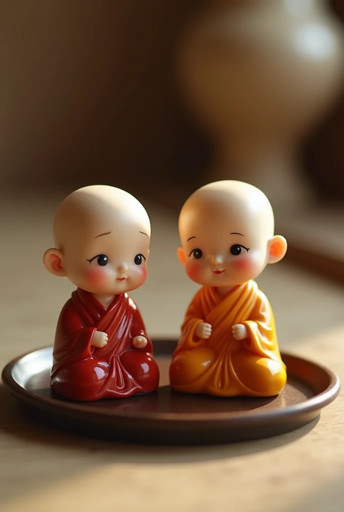 there are two small figurines of monks sitting on a tray, a picture inspired by Chen Daofu, flickr, mingei, hotei is on the table, monks, figurines, tiny statue on display, pvc figurine, cute miniature resine figure, cute pocelain doll, cute boys, cute dec...