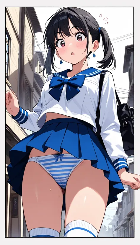 ( beautiful girl : 1.3), 1 girl,( sailor suit, Long Sleeve, skirt by humili, earrings, striped underwear , high socks,pubic hair), black hair, twin tails on legs,Surprised, is bashful,blush, student bag,walk,Strong winds,風で skirt by humiliがめくれる,Town, taken...