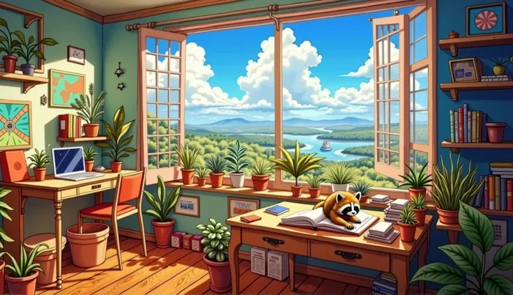 A cozy, sunlit study room filled with lush green plants, books, and a large wooden desk. The room features wide-open panoramic windows revealing a breathtaking nature view with a bright blue sky and fluffy white clouds. On the wooden desk, a fluffy raccoon...