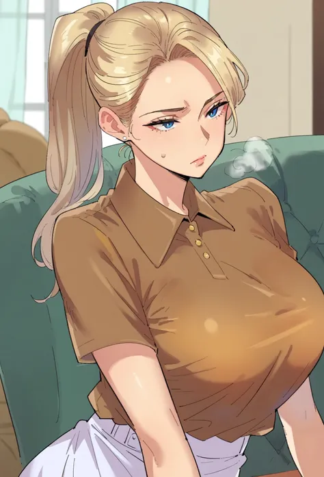  score_9,  score_8_ up the side,  score_7_ up the side,  score_6_ up the side,  source_Anime, rating_ explicit,  1 girl, Alone, Big Breasts,  long hair,   blonde hair,  blue eyes,  ponytail,  brown shirt,   collared shirt ,  short sleeve,  white skirt,  pe...