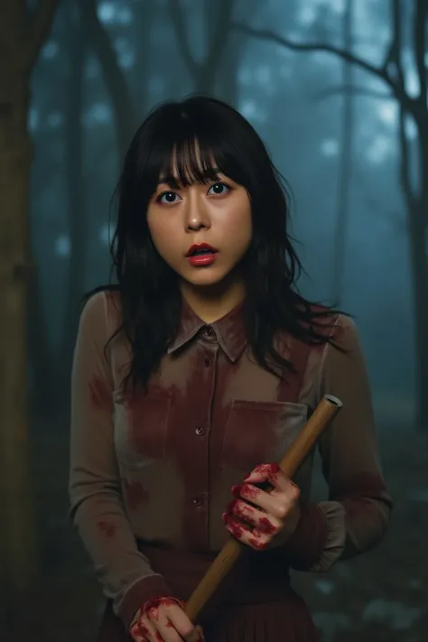 「A Japanese woman actress in a slasher horror film similar to Friday the 13th, wearing a bloodstained shirt and holding a weapon like an axe or knife, with an intense, fearful expression on her face. She stands in a dark, foggy forest with dim lighting, su...