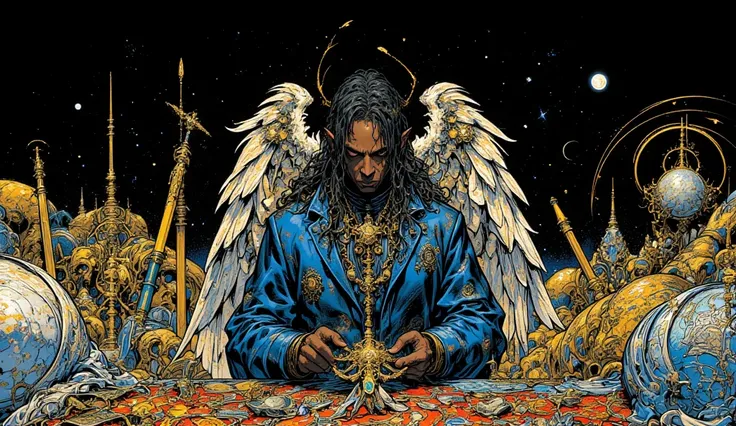 Black man in blue suit With dreadlocks and Angel wings holding a golden compass in front of a table Of artistic instruments and magical tools, Standing alone, Persian fractal patterns in background, Celestial stars fade to black upper image, Camera angle u...