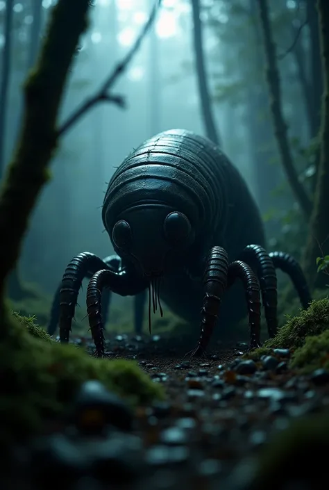 A massive, otherworldly centipede baby, its body covered in glistening, chitinous armor, crawls slowly through a dense, eerie forest. Its countless long, segmented legs move in perfect rhythm, creating an unsettling clicking sound. The moonlight pierces th...