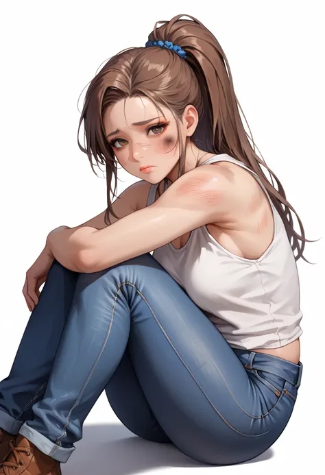 ((White background )) (Curve:1.1) rathing_questionable ,((1girl)) , (solo girl), (Long brown hair with a ponytail), makeup, (brown eyes:1.2), (blush:0.3), Age 30 years (Russian girl) (white tank top:1.4)) (Long jeans) ,tall, long sexy legs, ((thin:0.8)) , ...