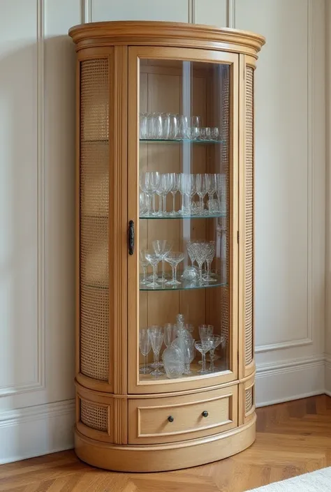 A long glass cabinet, with a wooden cane that extends halfway down the middle. It is a cabinet for storing glasses and antiques. The armoire from top to half is made of glass, and is circular on the side only. From the front it is not round, it is flat and...