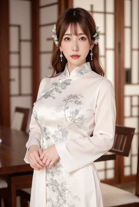 AJFQP,Realistic Skin,AJFQP,Realistic Skin,AJFCY,A beautifully styled portrait featuring a character in a stunning,intricately embroidered white cheongsam,showcasing elegance and traditional charm. The dress is adorned with delicate floral patterns and sequ...