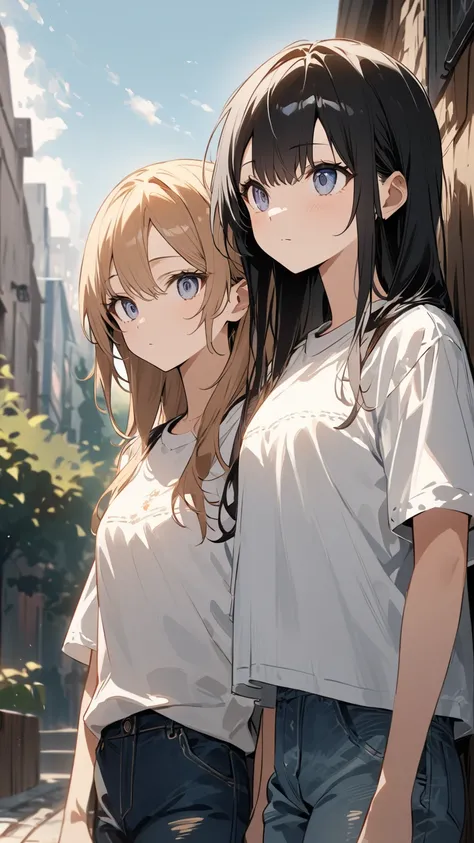 (((single panel 、 one picture、 illustration)))、Two anime-style young women 、 and wear 、 have beautiful white T-shirts and denim pants 、 or casual clothes 、 stand side by side in a peaceful urban park 。especially、 the two look closely at each other 、 their ...