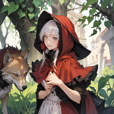 Armed Red Riding Hood、Little Red Riding Hood and the Wolf、 girl、 red clothes、smile、 Kettle