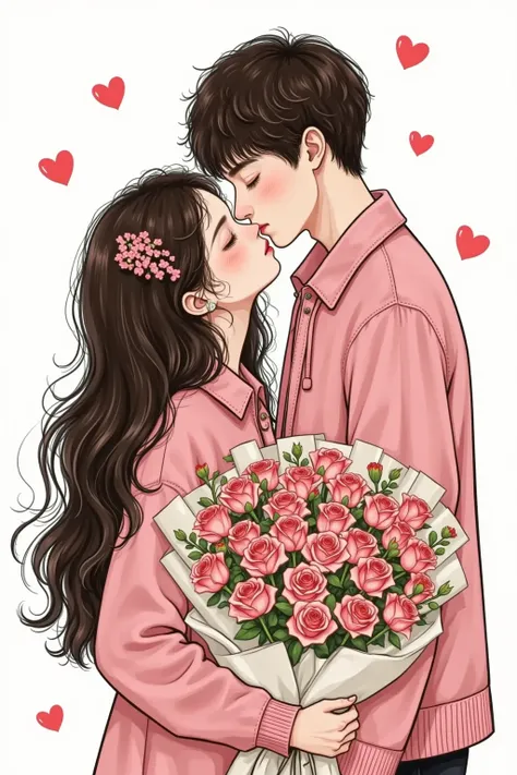   Couple Kissing Each Other with Heart Bouquets, Vector Art by Nil Gleyen  , tumblr,  digital art, Cute couple,  Romantic Couple , True love , 2 5 6 x 2 5 6, 256x256,  A beautiful illustration  , in love, I love you ,   hand drawn cartoon art style  ,  con...